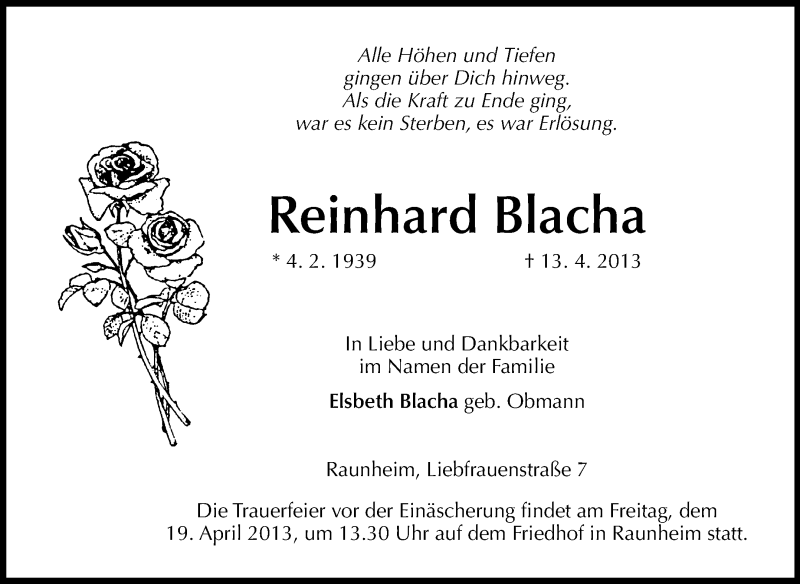  Traueranzeige für Reinhard Blacha vom 17.04.2013 aus Rüsselsheimer Echo, Groß-Gerauer-Echo, Ried Echo
