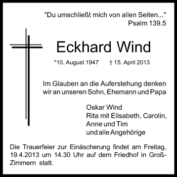 Traueranzeige von Eckhard Wind von Echo-Zeitungen (Gesamtausgabe)