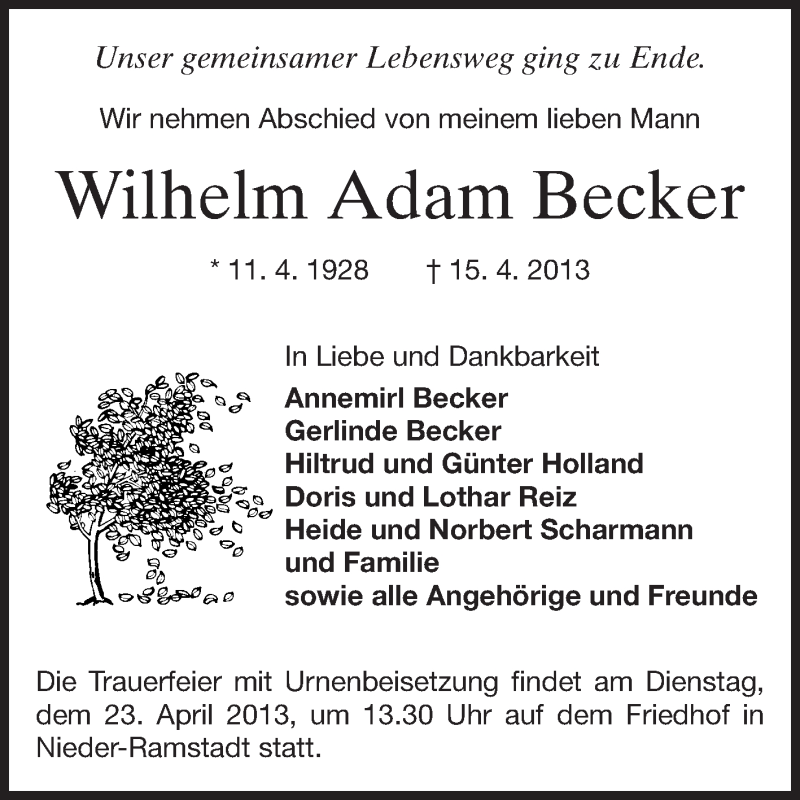  Traueranzeige für Wilhelm Adam Becker vom 20.04.2013 aus Echo-Zeitungen (Gesamtausgabe)