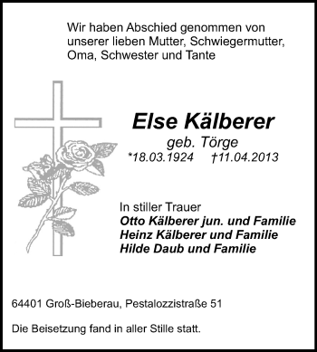 Traueranzeige von Else Kälberer von Echo-Zeitungen (Gesamtausgabe)