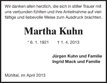 Traueranzeige von Martha Kuhn von Echo-Zeitungen (Gesamtausgabe)
