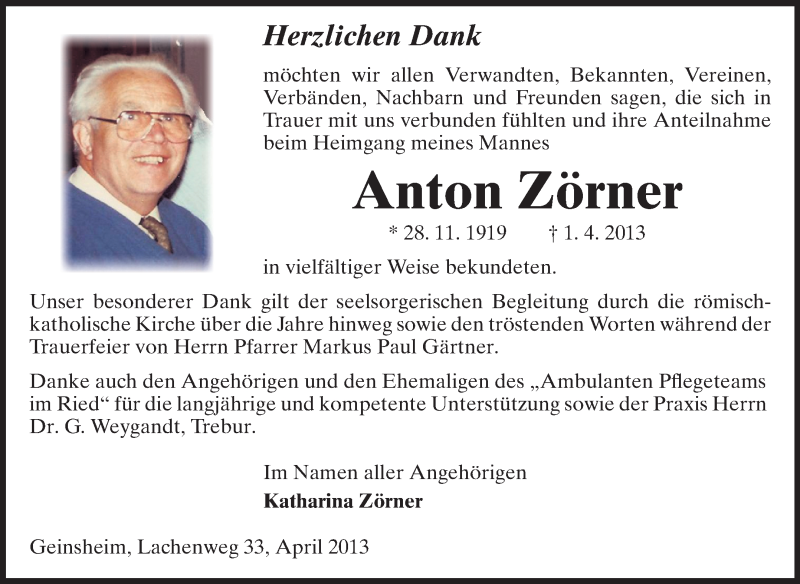  Traueranzeige für Anton Zörner vom 20.04.2013 aus Rüsselsheimer Echo, Groß-Gerauer-Echo, Ried Echo