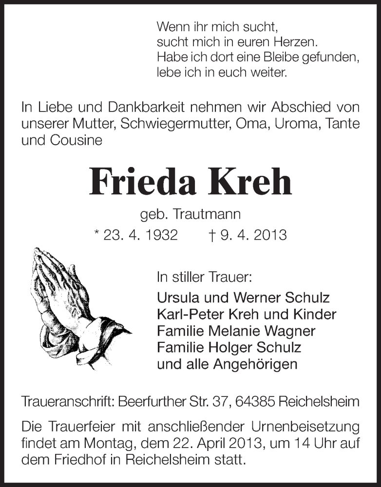  Traueranzeige für Frieda Kreh vom 20.04.2013 aus Odenwälder Echo