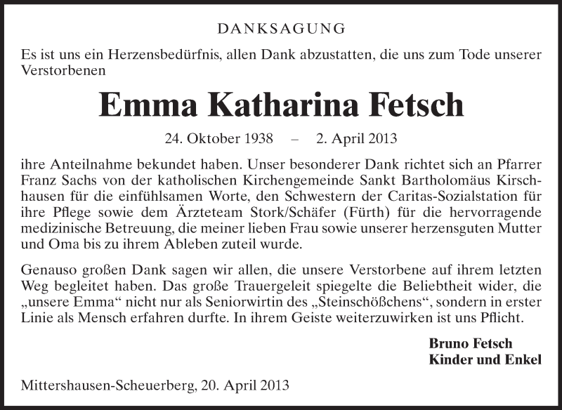  Traueranzeige für Emma Katharina Fetsch vom 20.04.2013 aus Starkenburger Echo