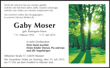 Traueranzeige von Gaby Moser von Echo-Zeitungen (Gesamtausgabe)