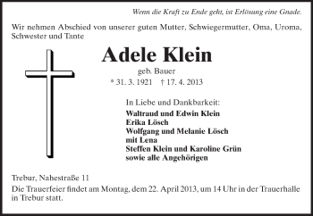 Traueranzeige von Adele Klein von Rüsselsheimer Echo, Groß-Gerauer-Echo, Ried Echo