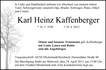 Traueranzeige von Karl Heinz Kaffenberger von Odenwälder Echo