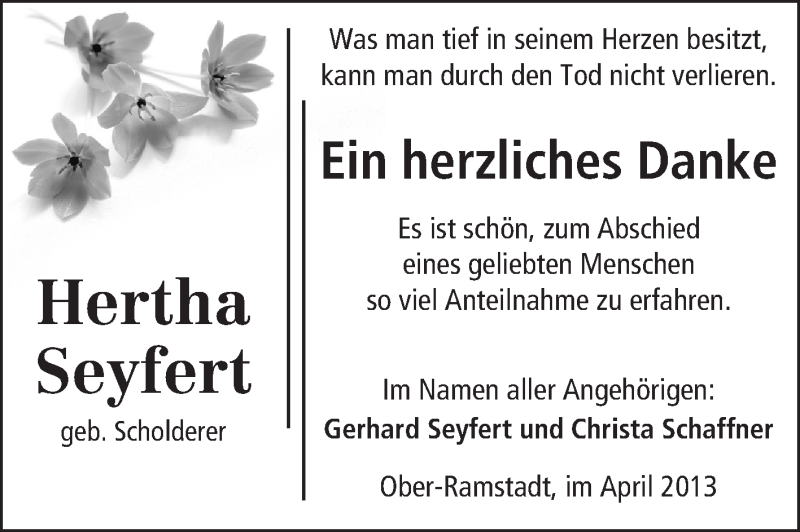  Traueranzeige für Hertha Seyfert vom 20.04.2013 aus Echo-Zeitungen (Gesamtausgabe)