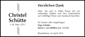 Traueranzeige von Christel Schütte von Rüsselsheimer Echo, Groß-Gerauer-Echo, Ried Echo