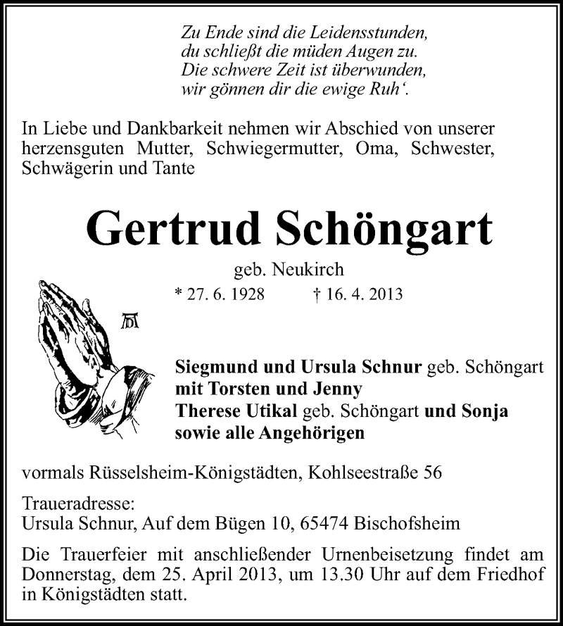  Traueranzeige für Gertrud Schöngart vom 20.04.2013 aus Rüsselsheimer Echo, Groß-Gerauer-Echo, Ried Echo