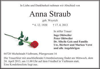 Traueranzeige von Anna Straub von Odenwälder Echo