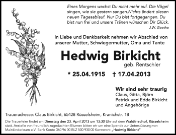 Traueranzeige von Hedwig Birkicht von Rüsselsheimer Echo, Groß-Gerauer-Echo, Ried Echo