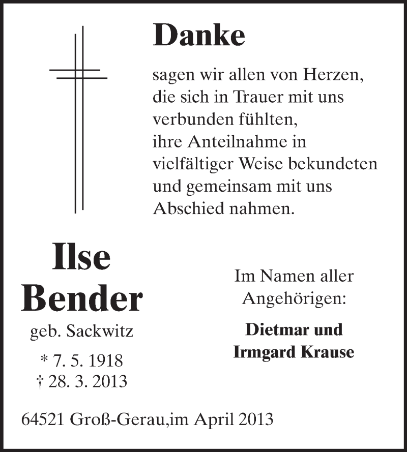  Traueranzeige für Ilse Bender vom 20.04.2013 aus Rüsselsheimer Echo, Groß-Gerauer-Echo, Ried Echo