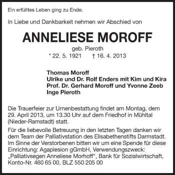 Traueranzeige von Anneliese Moroff von Echo-Zeitungen (Gesamtausgabe)