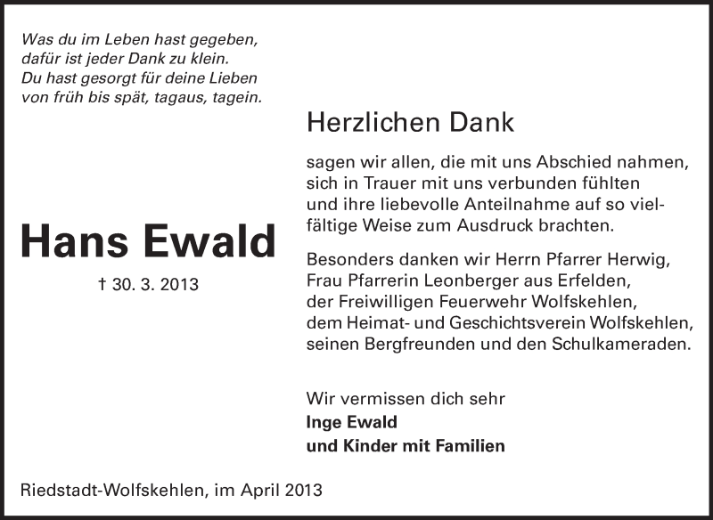  Traueranzeige für Hans Ewald vom 20.04.2013 aus Rüsselsheimer Echo, Groß-Gerauer-Echo, Ried Echo