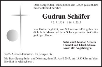 Traueranzeige von Gudrun Schäfer von Echo-Zeitungen (Gesamtausgabe)