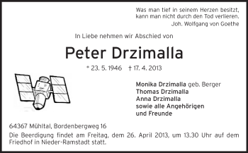 Traueranzeige von Peter Drzimalla von Echo-Zeitungen (Gesamtausgabe)
