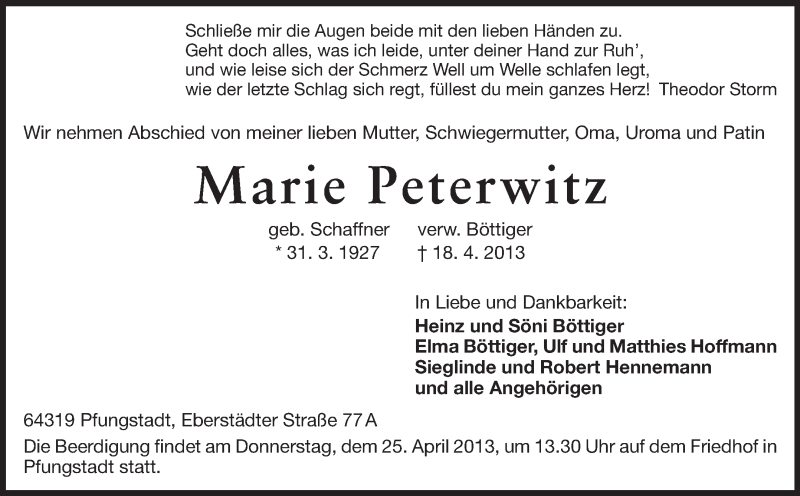 Traueranzeige für Marie Peterwitz vom 20.04.2013 aus Echo-Zeitungen (Gesamtausgabe)