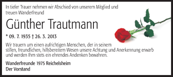 Traueranzeige von Günther Trautmann von Odenwälder Echo