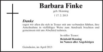 Traueranzeige von Barbara Finke von Rüsselsheimer Echo, Groß-Gerauer-Echo, Ried Echo