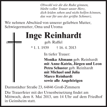 Traueranzeige von Inge Reinhardt von Rüsselsheimer Echo, Groß-Gerauer-Echo, Ried Echo