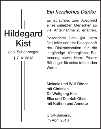 Traueranzeige von Hildegard Kist von Echo-Zeitungen (Gesamtausgabe)