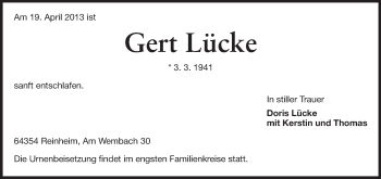 Traueranzeige von Gert Lücke von Darmstädter Echo, Odenwälder Echo, Rüsselsheimer Echo, Groß-Gerauer-Echo, Ried Echo