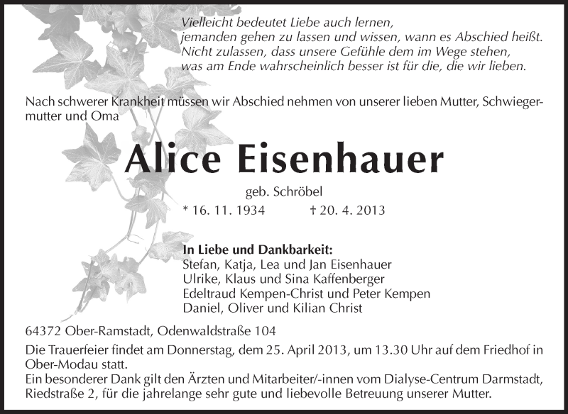  Traueranzeige für Alice Eisenhauer vom 23.04.2013 aus Darmstädter Echo, Odenwälder Echo, Rüsselsheimer Echo, Groß-Gerauer-Echo, Ried Echo