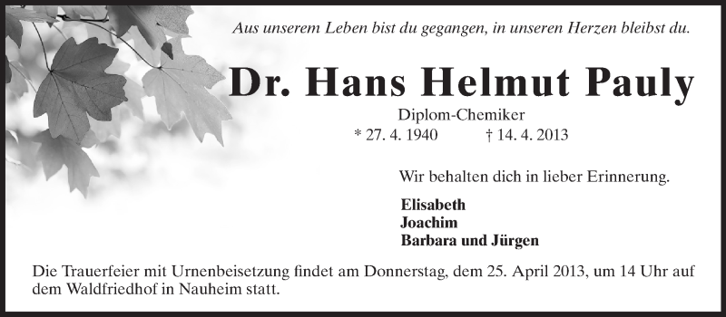  Traueranzeige für Hans Helmut Pauly vom 23.04.2013 aus Rüsselsheimer Echo, Groß-Gerauer-Echo, Ried Echo