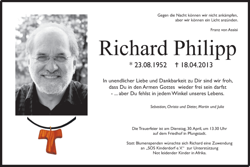  Traueranzeige für Richard Philipp vom 24.04.2013 aus Echo-Zeitungen (Gesamtausgabe)
