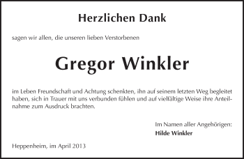 Traueranzeige von Gregor Winkler von Starkenburger Echo, Bergsträßer Anzeiger