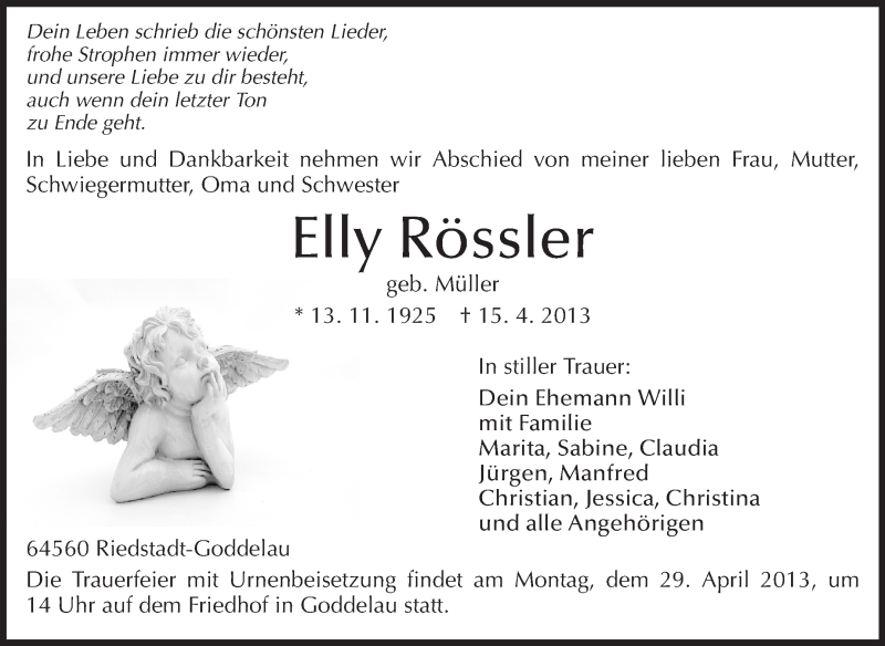  Traueranzeige für Elly Rössler vom 24.04.2013 aus Rüsselsheimer Echo, Groß-Gerauer-Echo, Ried Echo
