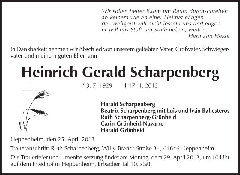  Traueranzeige für Heinrich Gerald Scharpenberg vom 25.04.2013 aus Starkenburger Echo