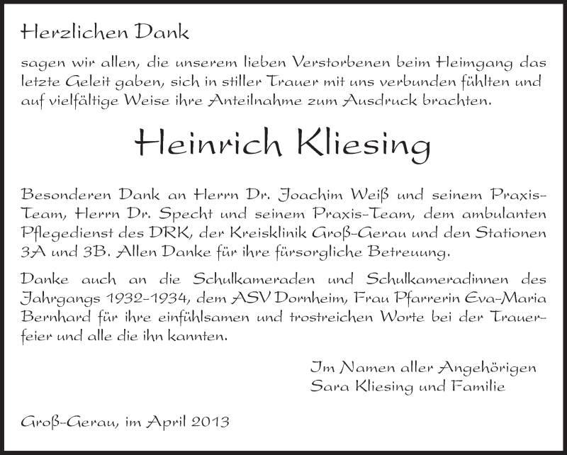  Traueranzeige für Heinrich Kliesing vom 24.04.2013 aus Rüsselsheimer Echo, Groß-Gerauer-Echo, Ried Echo
