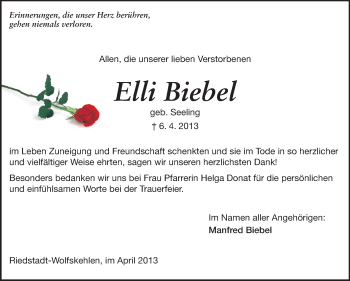 Traueranzeige von Elli Biebel von Rüsselsheimer Echo, Groß-Gerauer-Echo, Ried Echo