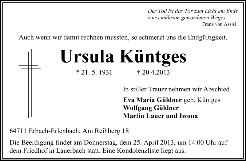  Traueranzeige für Ursula Küntges vom 23.04.2013 aus Odenwälder Echo