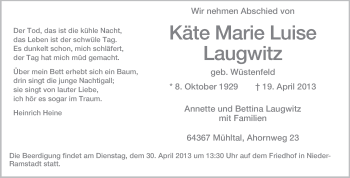 Traueranzeige von Käte Marie Luise Laugwitz von Echo-Zeitungen (Gesamtausgabe)