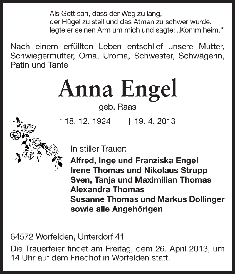  Traueranzeige für Anna Engel vom 24.04.2013 aus Rüsselsheimer Echo, Groß-Gerauer-Echo, Ried Echo