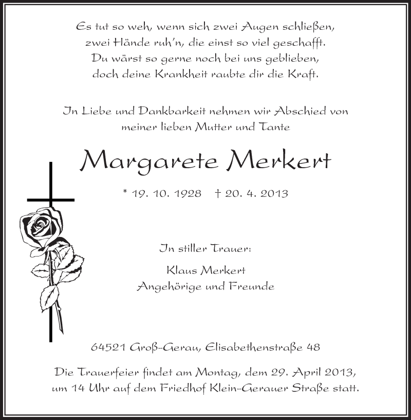  Traueranzeige für Margarete Merkert vom 24.04.2013 aus Rüsselsheimer Echo, Groß-Gerauer-Echo, Ried Echo