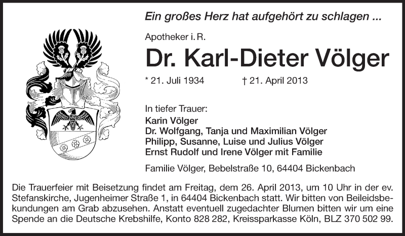  Traueranzeige für Karl-Dieter Völger vom 24.04.2013 aus Echo-Zeitungen (Gesamtausgabe)