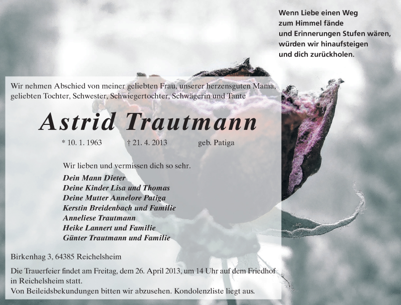  Traueranzeige für Astrid Trautmann vom 25.04.2013 aus Echo-Zeitungen (Gesamtausgabe)