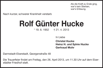 Traueranzeige von Rolf Günter Hucke von Echo-Zeitungen (Gesamtausgabe)