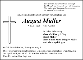 Traueranzeige von August Müller  von Odenwälder Echo