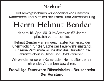 Traueranzeige von Helmut Bender von Echo-Zeitungen (Gesamtausgabe)