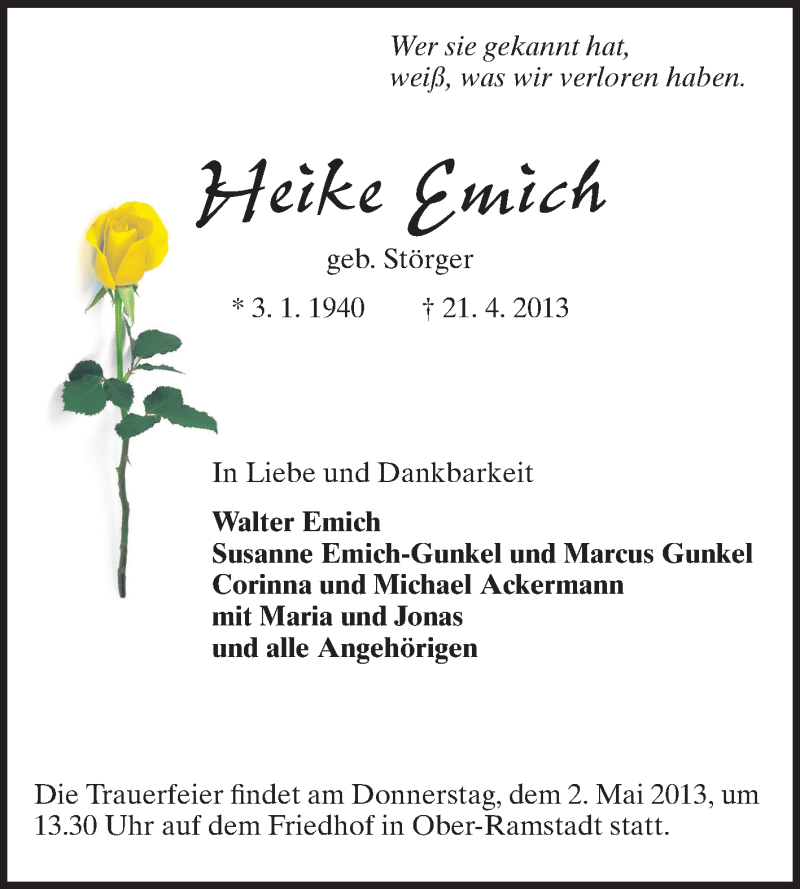  Traueranzeige für Heike Emich vom 27.04.2013 aus Echo-Zeitungen (Gesamtausgabe)