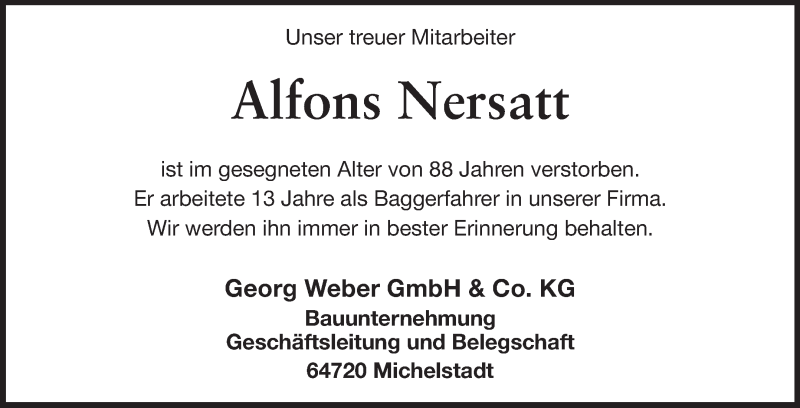  Traueranzeige für Alfons Nersatt vom 24.04.2013 aus Odenwälder Echo