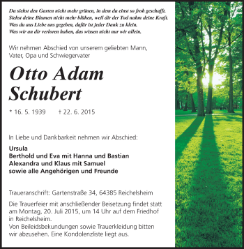 Traueranzeige von Otto Adam Schubert von Echo-Zeitungen (Gesamtausgabe)