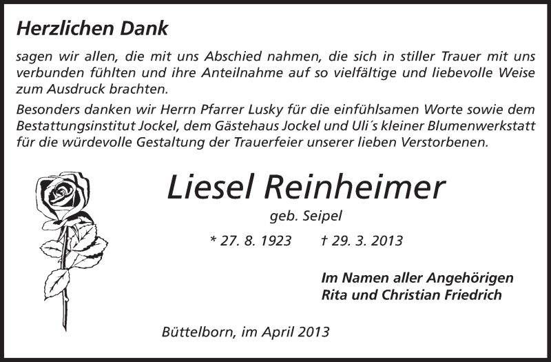  Traueranzeige für Liesel Reinheimer vom 27.04.2013 aus Rüsselsheimer Echo, Groß-Gerauer-Echo, Ried Echo