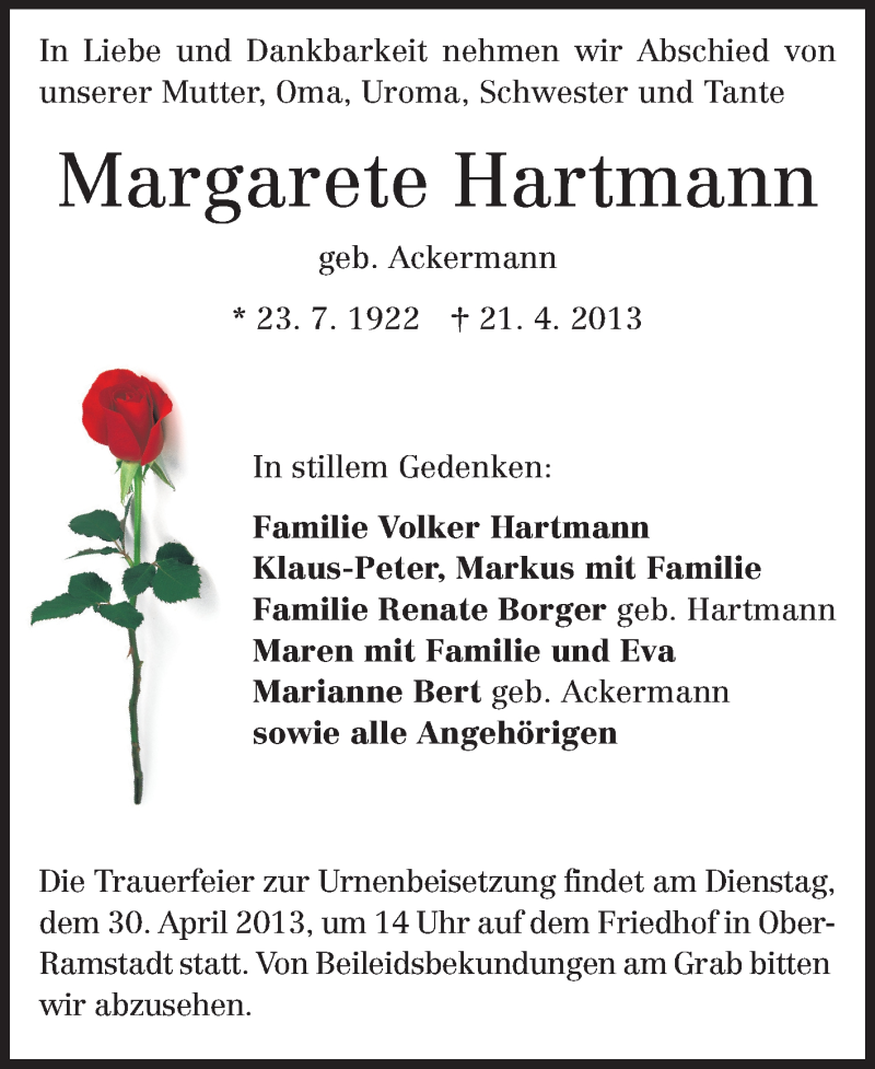  Traueranzeige für Margarete Hartmann vom 27.04.2013 aus Echo-Zeitungen (Gesamtausgabe)