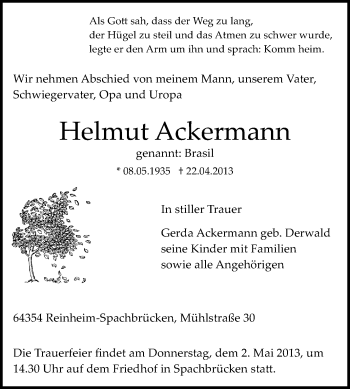 Traueranzeige von Helmut Ackermann von Echo-Zeitungen (Gesamtausgabe)